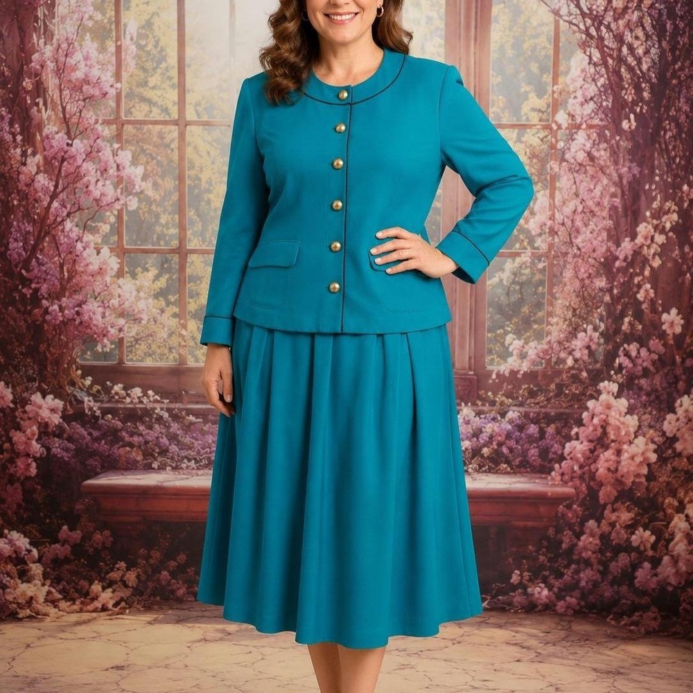 Bedford Fair Vintage Teal 2-Piece‎ Skirt Suit Set Brass Buttons Mod Size 12 12P